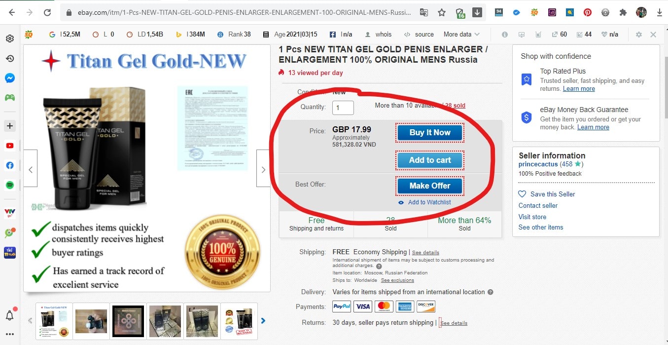 Giá bán gel titan trên ebay.com