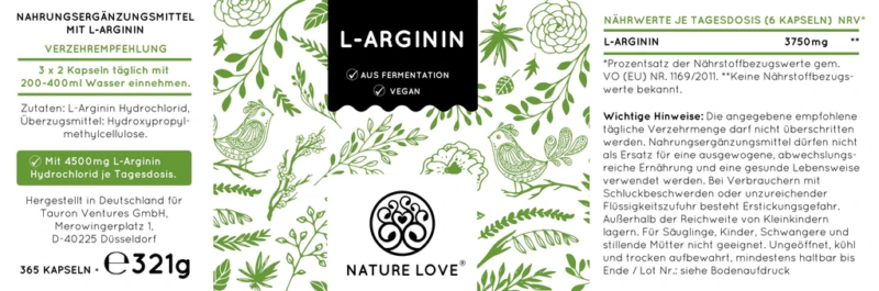 Viên uống L-Arginine HCL 4500mg Nature Love 365 viên của Đức cải thiện sức khỏe tim mạch, tăng cường sinh lý nam