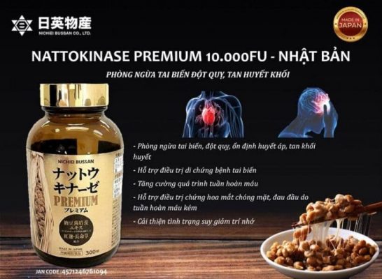 tác dụng Nichiei Bussan Nattokinase Premium 10.000FU 300 viên phòng và hỗ trợ điều trị tai biến đột quỵ